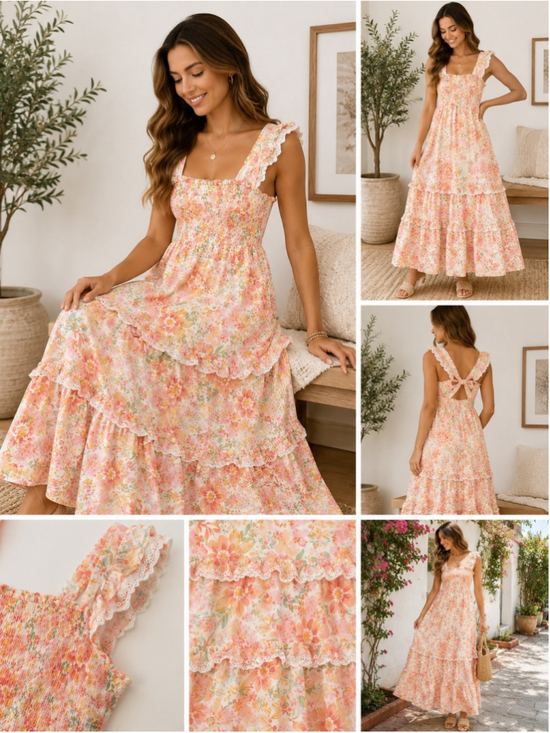 Haute Hippie Dresses & Skirts - Haute Hippie Size 12 Floral Tiered Maxi Dress Smocked Boho Cottagecore Lace